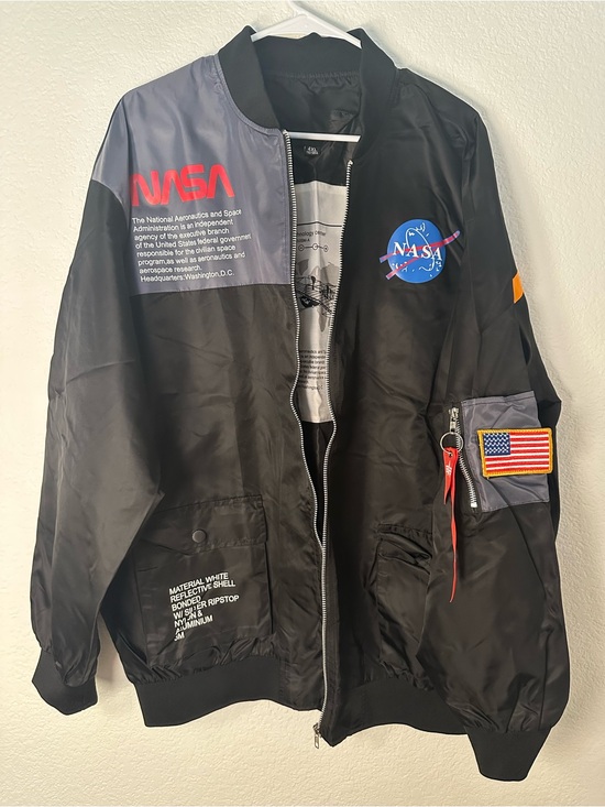 NASA Bomber Jacket Mens 4XL Black Gray Flight Jacket Patches Space Jacket